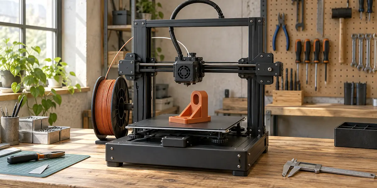 Impresora 3D genérica en un banco de taller, imagen ilustrativa